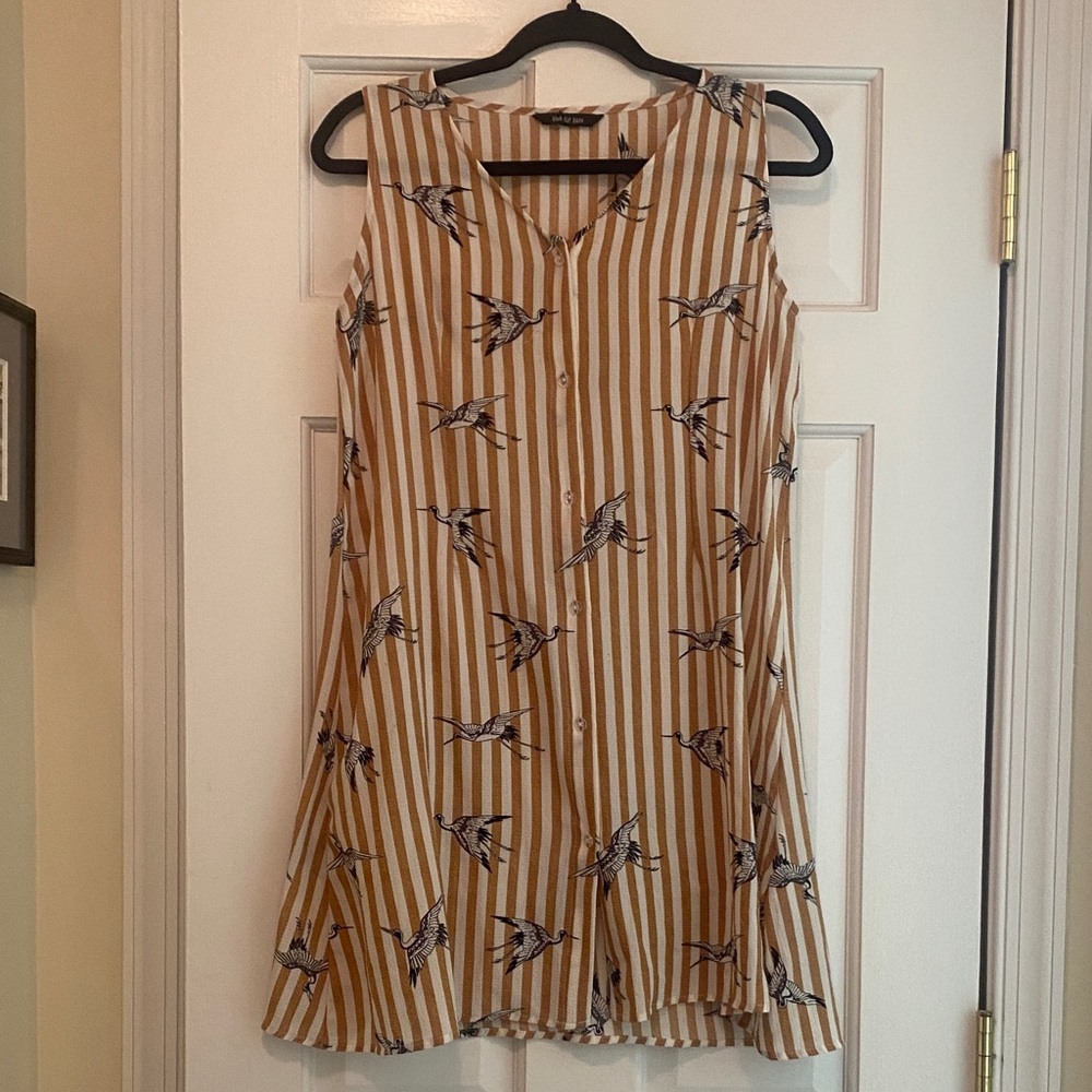 Cute button-down sleeveless dress with bird stripe print